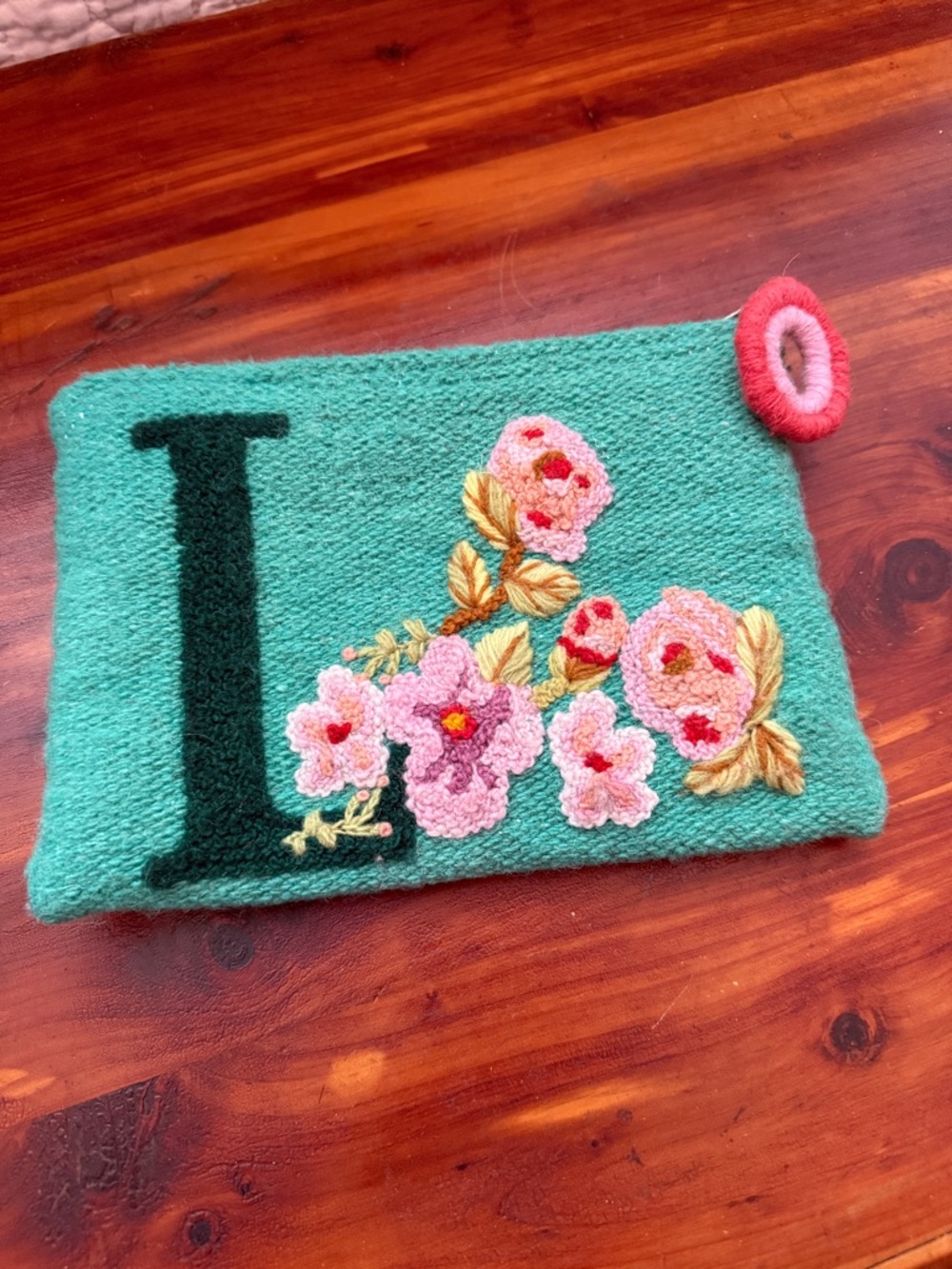 Jenny Krauss Embroidered Floral Initial L wool zip pouch- Teal & Pink good used